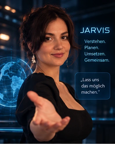 Der ausgewählte weibliche Jarvis-Avatar streckt freundlich die Hand aus.